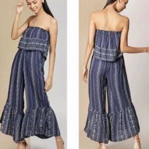 JAPNA Boho Strapless Wide Leg Jumpsuit in Blue Cropped  Ruffle Smocked - Size L